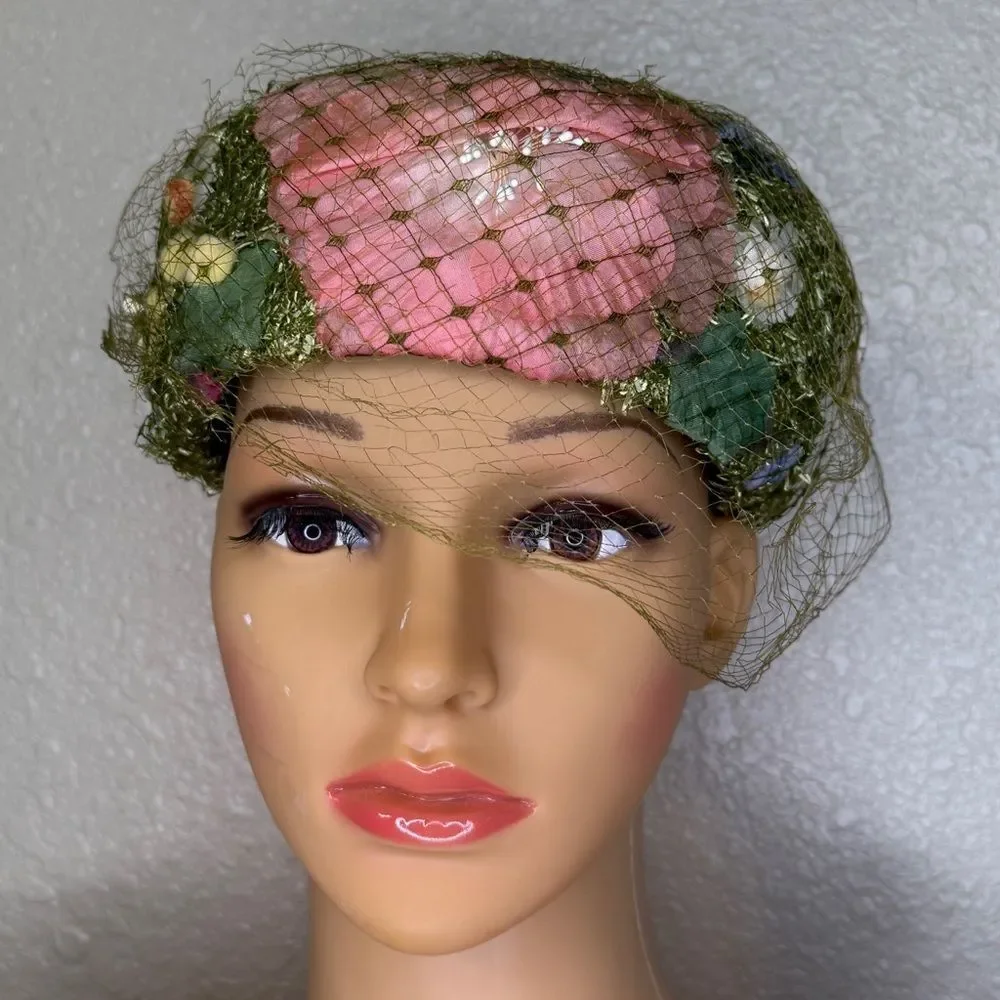 Vintage Rare Hutzler’s Pillbox Floral Tulle Net Fascinator Hat Green White Pink - Picture 2 of 15